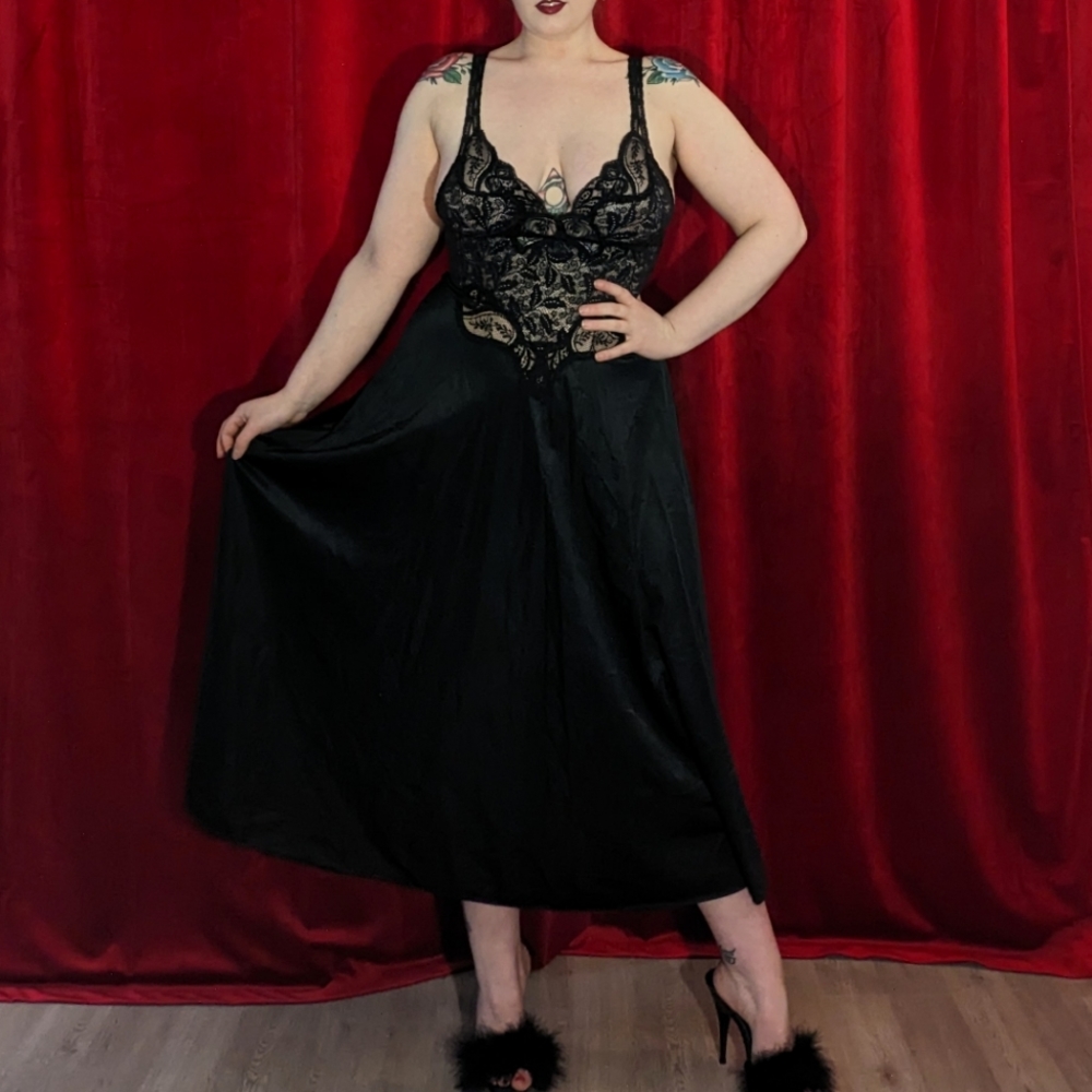 Vintage Olga Black Lace Nightgown